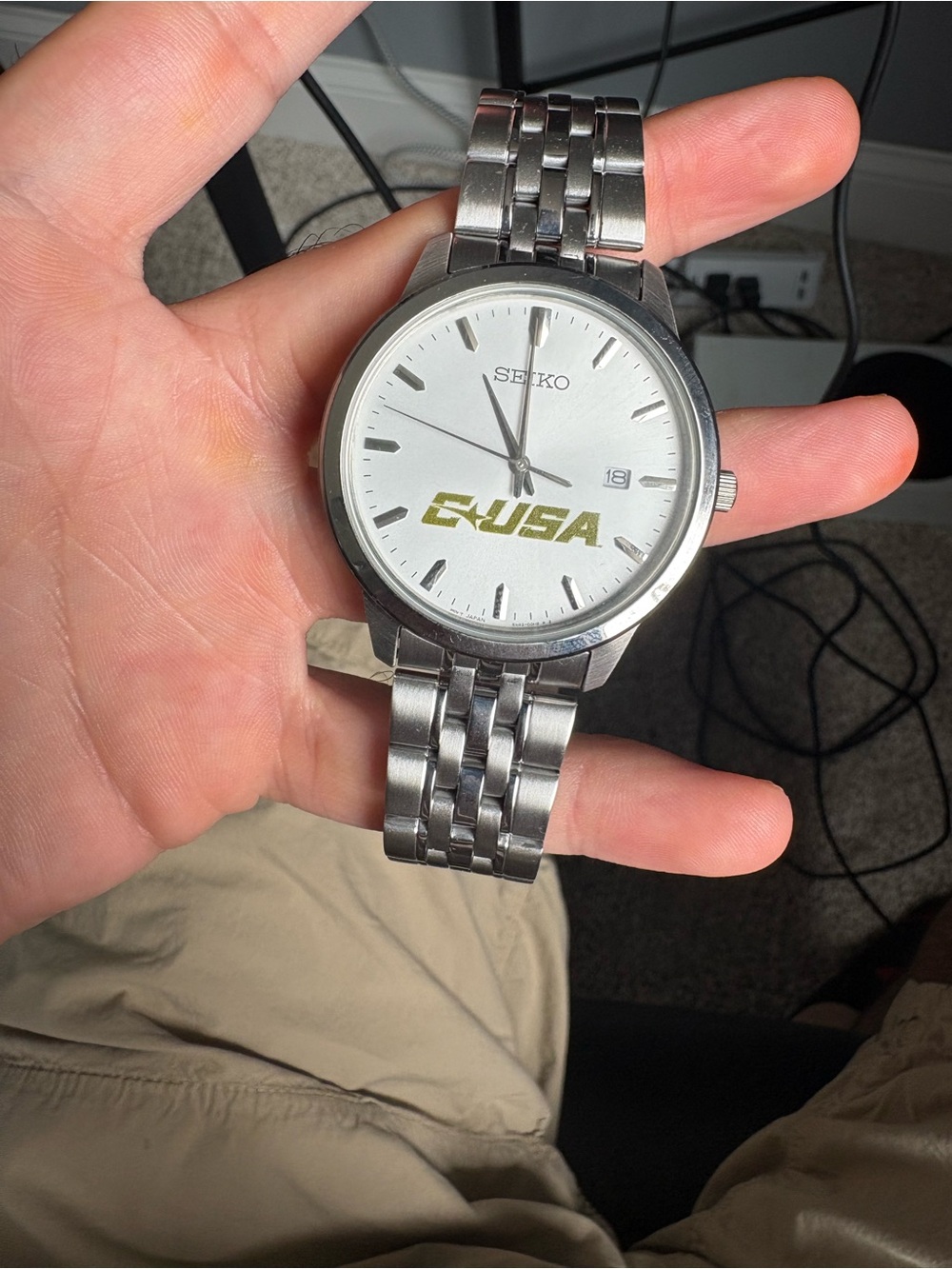 Seiko Silver Stainless Steel Watch with White Dial and green C-USA Logo